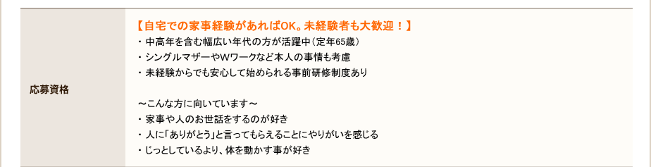 応募資格【自宅での家事経験があればOK。未経験者も大歓迎！】・ 中高年を含む幅広い年代の方が活躍中（定年65歳）・ シングルマザーやＷワークなど本人の事情も考慮・ 未経験からでも安心して始められる事前研修制度あり～こんな方に向いています～・ 家事や人のお世話をするのが好き・ 人に「ありがとう」と言ってもらえることにやりがいを感じる・ じっとしているより、体を動かす事が好き